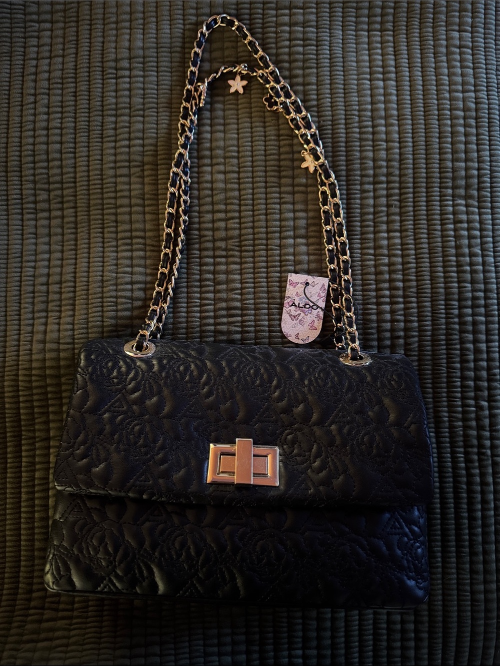 Aldo Black Quilted Floral Chain-Shoulder Bag with Gold Hardware